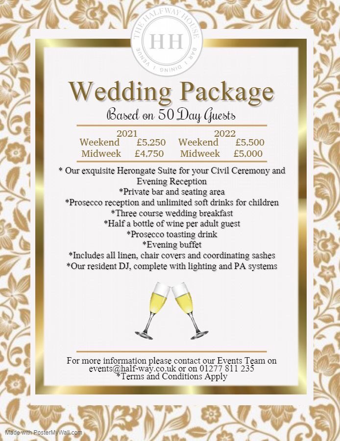 The Halfway House Restaurant, Bar &amp; Herongate Function Suite Brentwood 
@HalfwayHouseBrentwoodEssex
#HalfwayHouseBrentwoodEssex
2021 and 2022 Wedding packages - contact us today to arrange a consultation 01277 811235