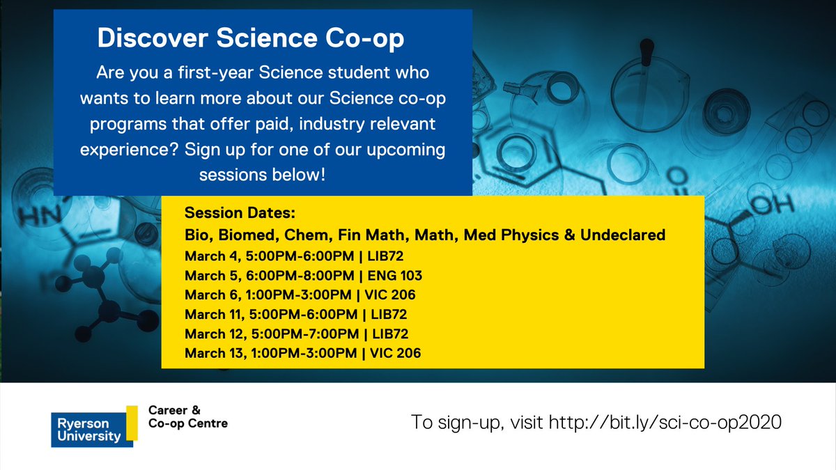 Our Apply to Co-op Discovery Sessions start this week! Join one of our upcoming sessions to learn about our Science co-op programs that offer paid, industry-relevant experience. To sign-up, visit bit.ly/sci-co-op2020 <a href="/RyersonSci/">RyersonSci</a>