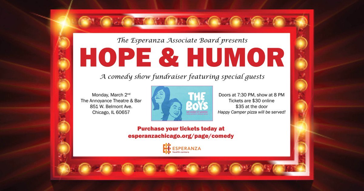 ZachRunsThings's tweet photo. Today #ChicagoComedyGuide recommends @EsperanzaHealth: Hope & Humor at @The_Annoyance!
With comedy from @MessingSusan & @MissMason of @TheBoysAreWrong!
https://t.co/B75E0Pl9tE https://t.co/EL44GPTcNM