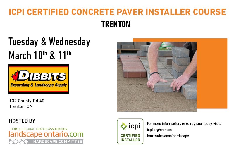 Live in the #Trenton area and looking to get #ICPI certified? Then you won’t want to miss the @icpipavers concrete paver installer course hosted by the #LOHC @dibbits.ca March 10 &amp; 11! icpi.org/trenton