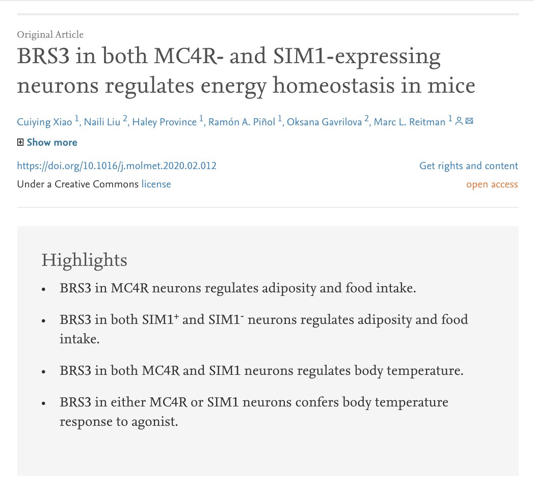 MolMetab's tweet photo. New work from Reitman et al #BRS3 in both #MC4R- and #SIM1-expressing #neurons contributes to regulation of 
#bodyweight/#adiposity, #insulin sensitivity, #foodintake, and body temperature
https://t.co/YbsYLtx6Rp https://t.co/JQi1pwpuQ3