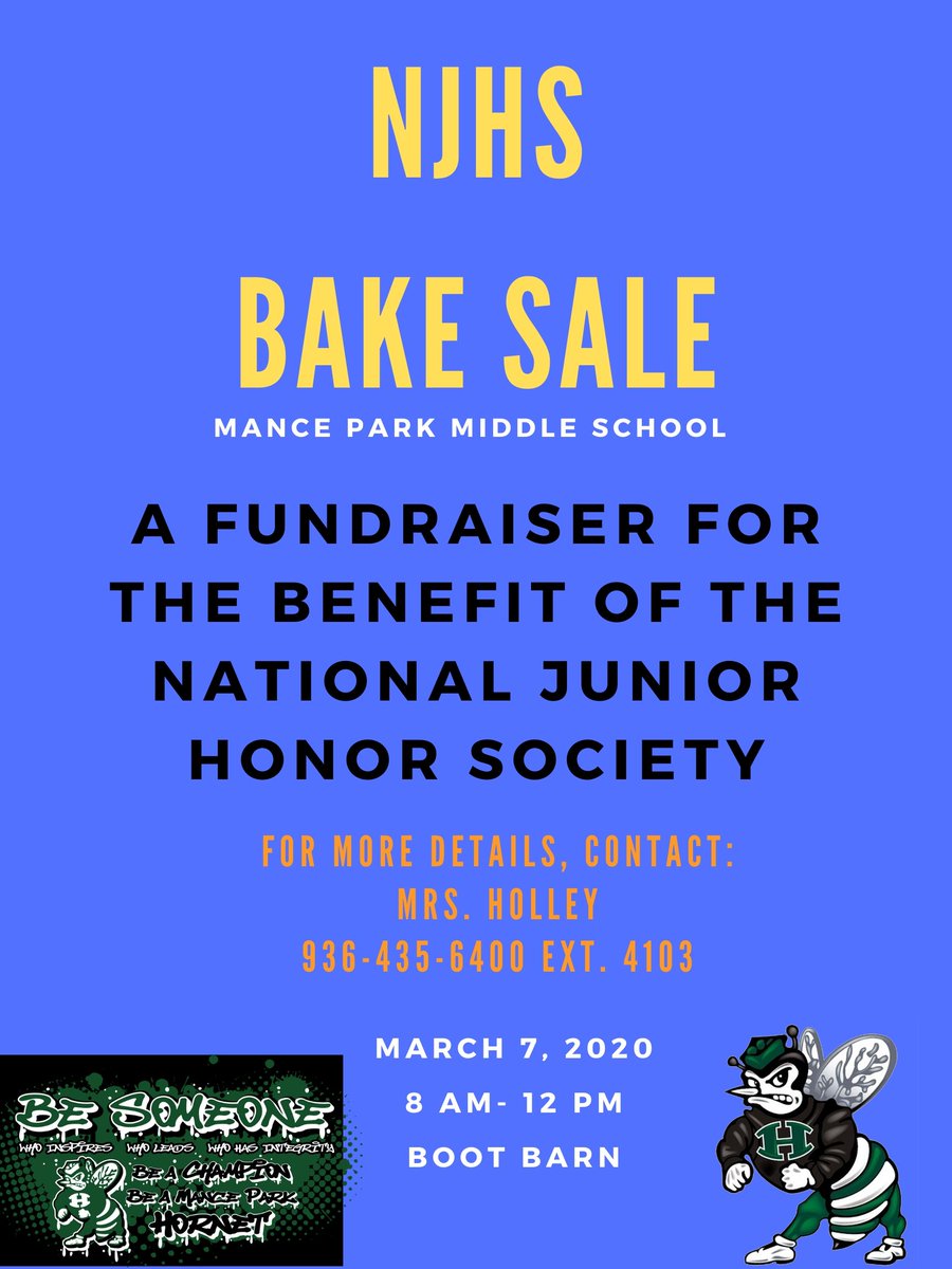 HornetBuzzMPMS's tweet photo. Save the date!
March 7 from 8am-12pm, the MPMS National Junior Honor Society will be at Boot Barn for a Bake Sale Fundraiser. Come out and support our students.
#NJHS #MPMS2020 #BuildingChampions https://t.co/z9dGjlfnPH