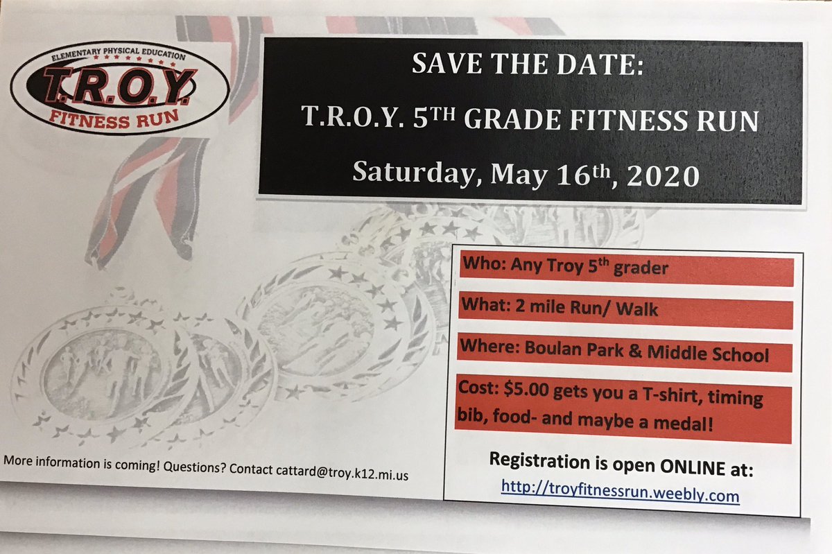 HamiltonHawksPE's tweet photo. Registration is now open for the TROY Fitness Run for 5th grade students! Join us on May 16 for this fun 2-mile run/walk! @HamiltonHawksPE @TROY_PE_Dept @MrRogersTSD @swelchTSD @azarewych @mrsmurphyham @BirminghamKerry @RMMachesky https://t.co/D6OL5NAGcR