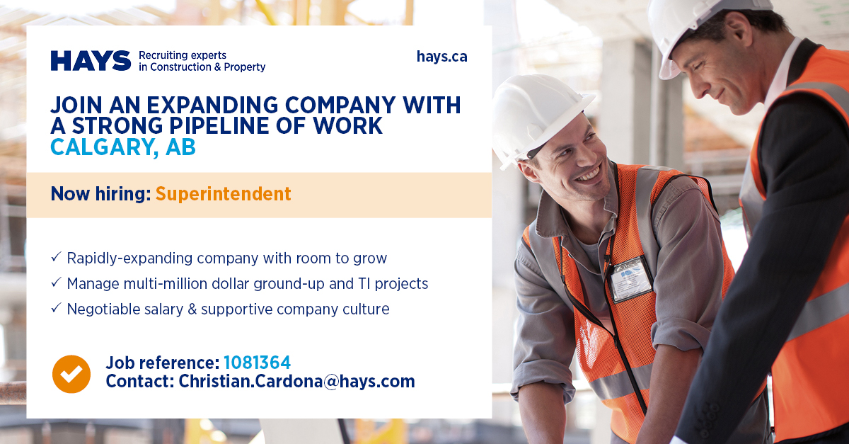 ConstructHays's tweet photo. Hays Specialist Recruitment has partnered with a very reputable and fast growing General Contractor based in Calgary in their search for a Superintendent. Apply here: https://t.co/DbKC2woauv

#Construction #CalgaryJobs #AlbertaJobs #ConstructionAndProperty #Superintendent https://t.co/hBc9klqm5V