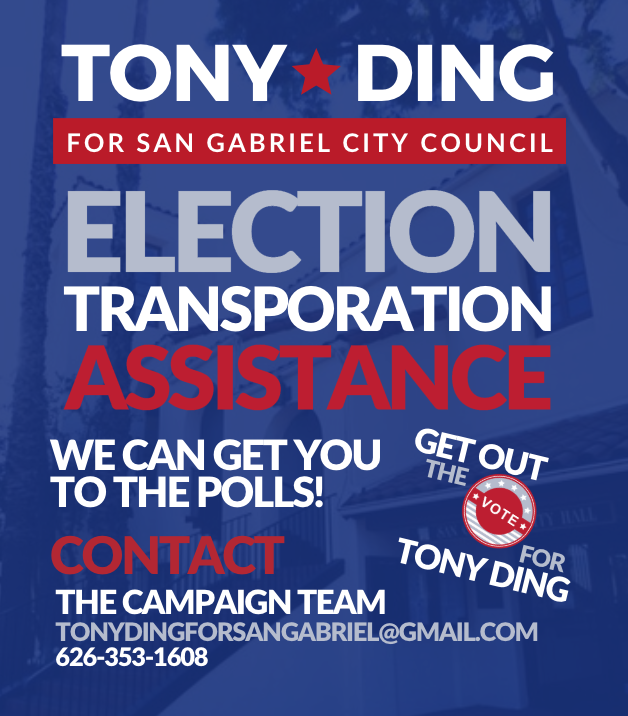 CouncilmanDing's tweet photo. TOMORROW IS THE LAST DAY TO VOTE! The campaign to elect Tony Ding for San Gabriel City Council is providing TRANSPORTATION ASSISTANCE TO AND FROM THE POLLS TODAY and TOMORROW! 

If you need a ride, contact the campaign team via TonyDingForSanGabriel@gmail.com or 626-353-1608! https://t.co/sksAzuMumT
