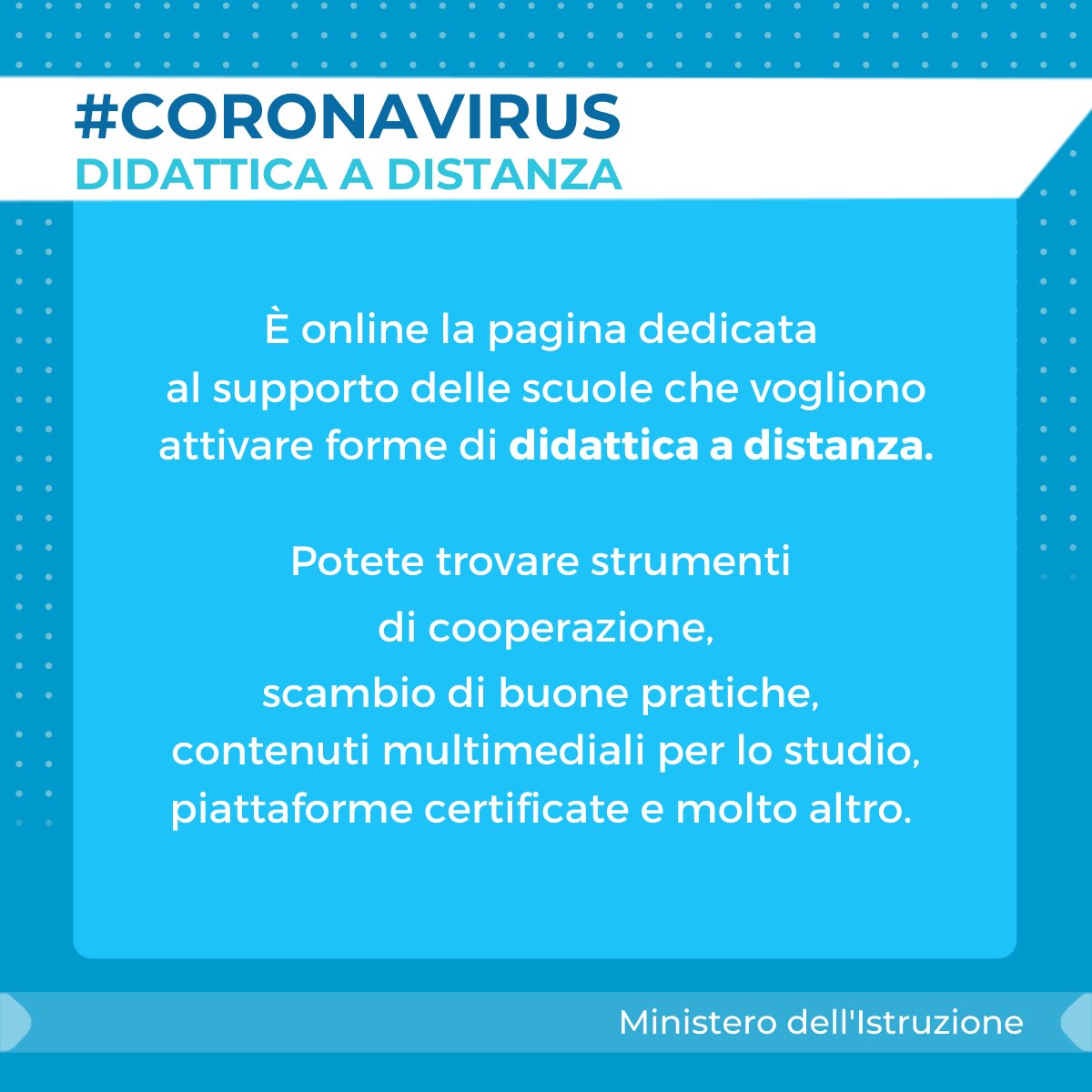 MIsocialTW's tweet photo. 🗒AGGIORNAMENTI SU #CORONAVIRUS🗒

È online la pagina dedicata al supporto delle scuole che vogliono attivare forme di didattica a distanza, con piattaforme e strumenti utili, a titolo totalmente gratuito. #COVID19

▶️ https://t.co/QoFvc9420P https://t.co/mvqunzy6q4