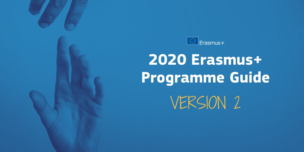 EUErasmusPlus's tweet image. Update of the 2020 #ErasmusPlus Call for Proposals &amp;amp; Programme Guide.

What's new? 
🔹 Status of the UK
🔹 Activities for Senior Learners new priority under KA2-Strategic Partnerships.

➡️ europa.eu/!xy73hP