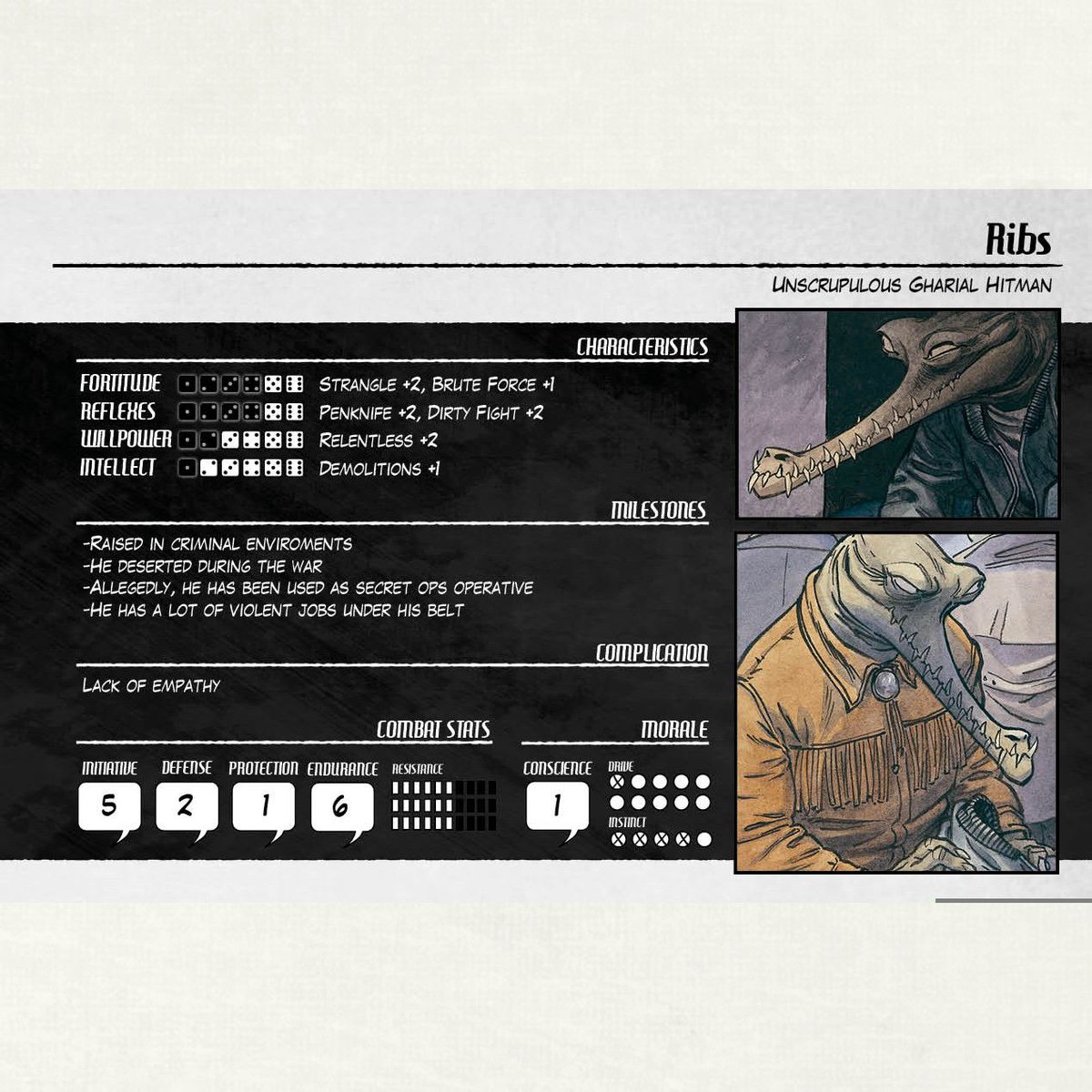 Ribs is the kind of hitman who will do anything to get his job done.

🐊 Meet more allies, suspects and criminals from Blacksad pages buff.ly/31KUZAW  

#LetsPlay #Blacksad #Comic #RPG #Roleplay  #RoleplayingGame #TabletopGames #PenAndPaper #Dice #Games #Gaming