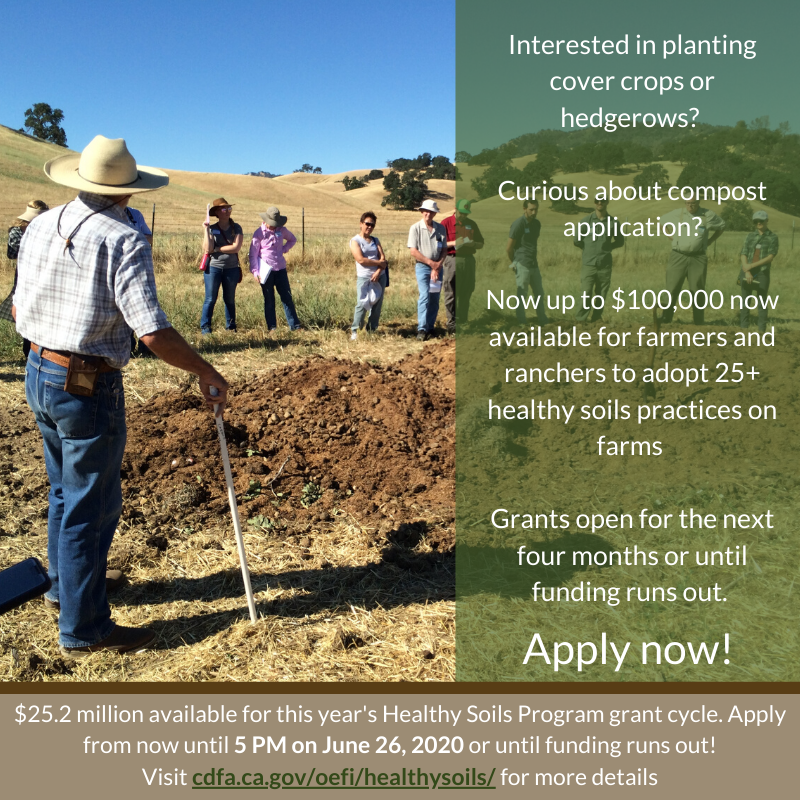 .@CDFAClimateNews #HealthySoils Program grant applications are open for the next 4 months or until funding runs out! Over $25 mil for #California #farmers &amp; #ranchers to apply #compost, plant #hedgerows, cover crop or 25+ other practices. apply now! bit.ly/cdfahsp