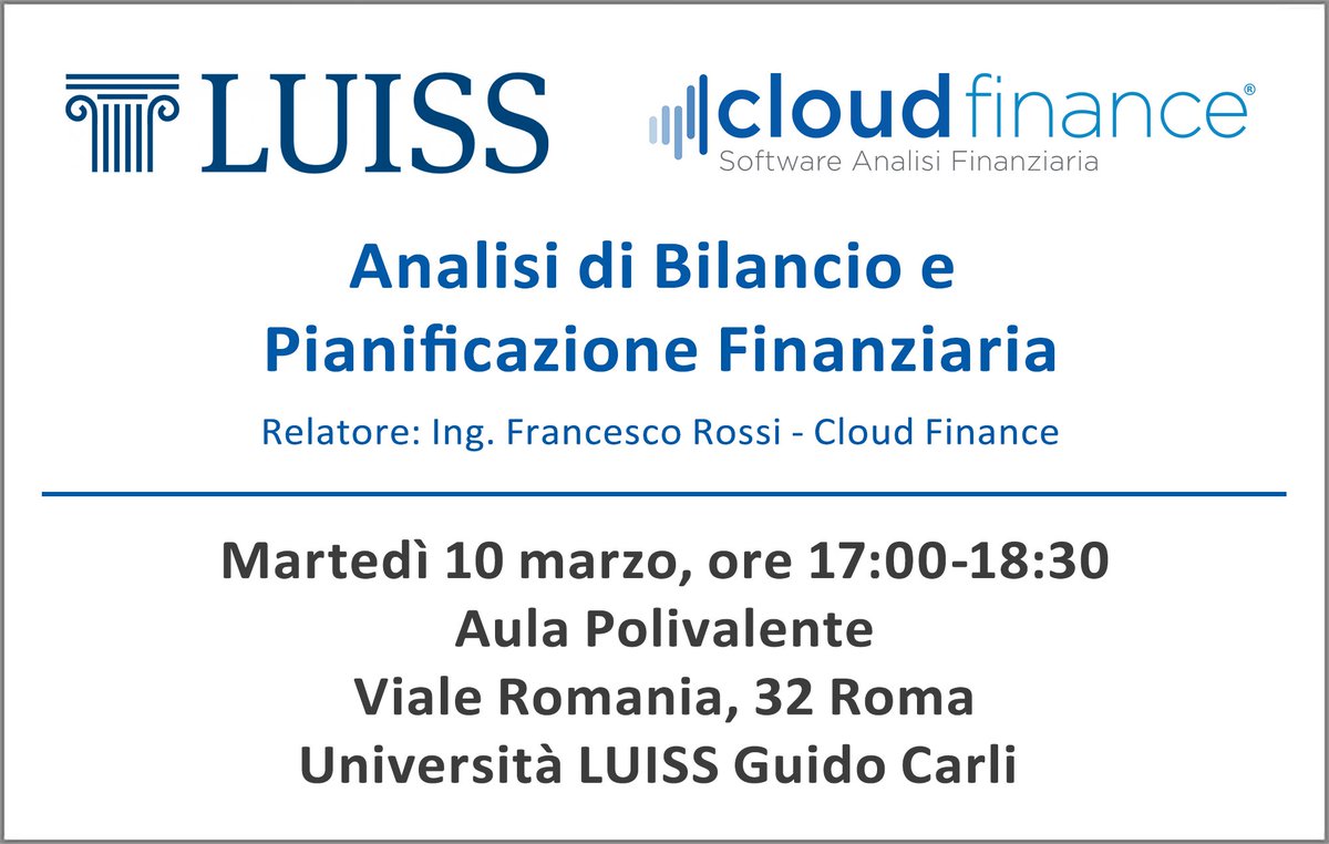 cloud_finance's tweet image. Ringraziamo la Prof.ssa Maria Pia Maraghini del corso di Laurea in Economia e Management della Luiss Guido Carli per l'invito a tenere una lezione su Analisi di Bilancio e Pianificazione Finanziaria. Per la Cloud Finance interverrà l'Ing. Francesco Rossi
