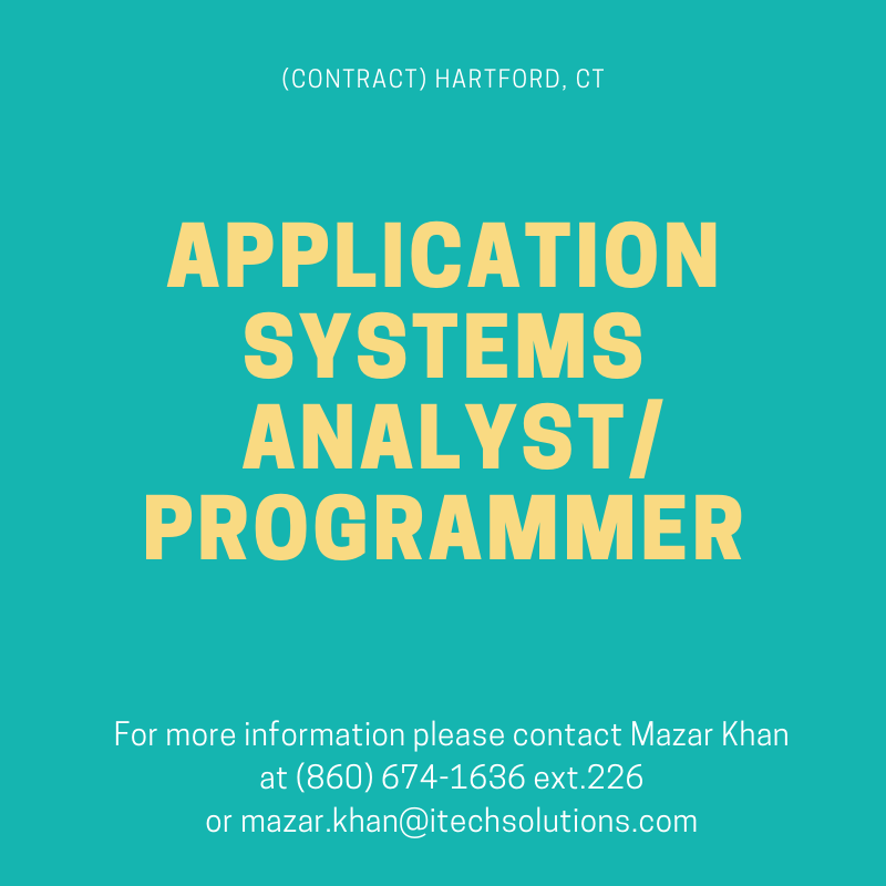 iTechSolutions_'s tweet image. We have an opening for an Application Systems Analyst/Programmer for a Contract position in Hartford, CT
Apply Here: bit.ly/2wAqz8T
#ApplicationAnalyst #ApplicationProgrammer