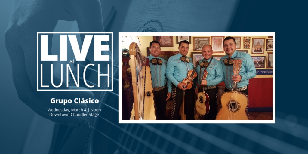 cityofchandler's tweet photo. Float away on guitar strings with Tucson-based Grupo Clásico at the next Live at Lunch concert in Downtown Chandler on March 4.
Bring a lunch or grab something from a local vendor, sit back and enjoy the show.
➡️ https://t.co/oHgEdxzGOf https://t.co/CR3hfgf89i