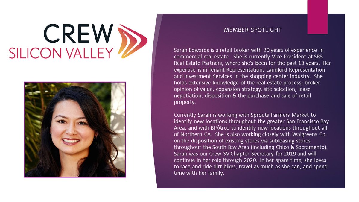 DontCarep7zn's tweet photo. Let's shine the Member Spotlight on Sarah Edwards, Vice President at SRS Real Estate Partners. Click the image to expand and read all about her specialties. 

#MemberMondays #CREWSiliconValley #CREWNetwork #thinkCREWfirst https://t.co/bTKBk5ls82