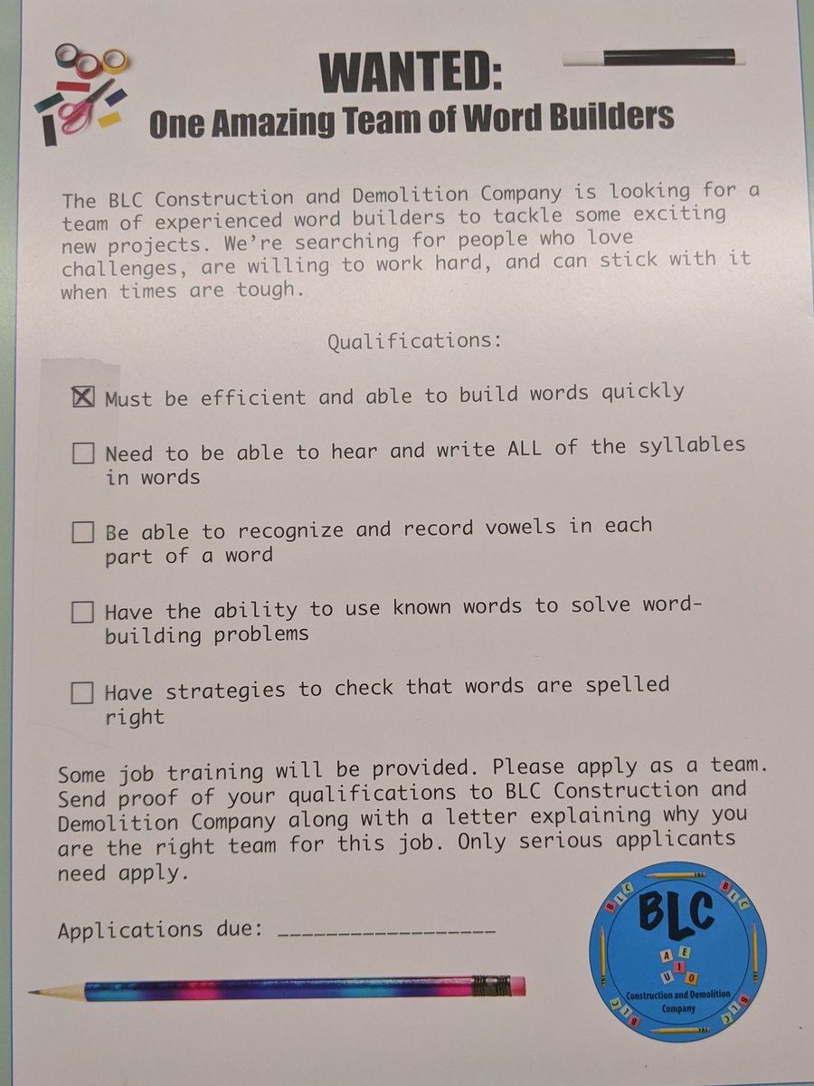 Mrs_Gawel's tweet photo. Working on our word building skills, so we can apply to The BLC Construction and Demolition Co. Today we showed we can build words efficiently! #wearegroves #phonics #phonicsprofessors @HumbleISD_GE @JulieRoederAFL https://t.co/0OqKpVbkGH