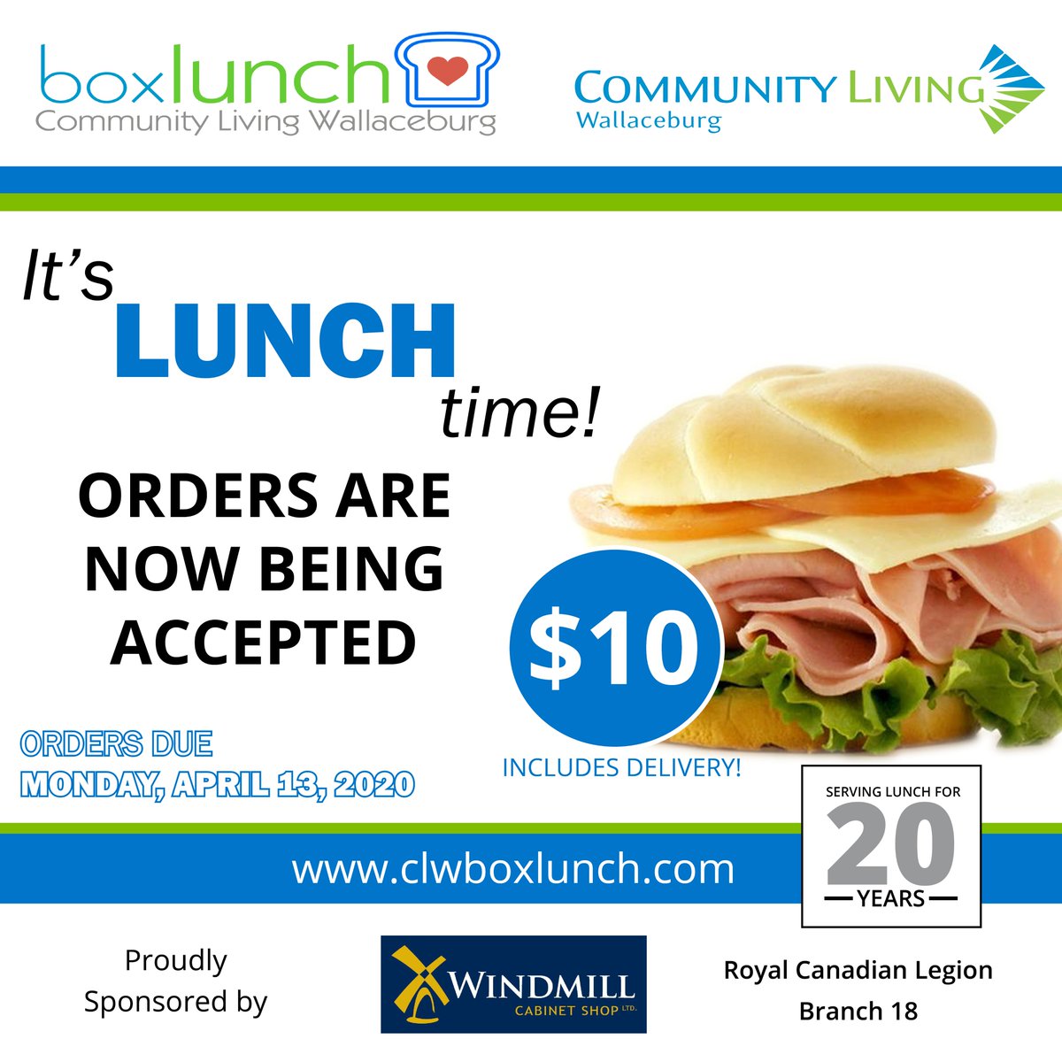 CLWallaceburg's tweet image. Orders are now being accepted for our 20th annual Box Lunch fundraiser. Place your order today by visiting clwboxlunch.com and completing our online form, or accessing our digital pdf copy. You can also call (519) 627 - 0777 ext. 2101. The deadline to order is April 13.