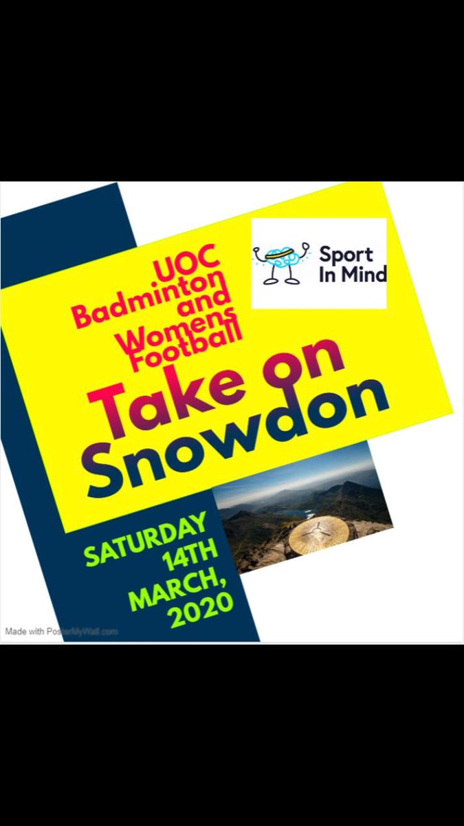 UoCWF's tweet photo. On Saturday the 14th March CWF are joining forces with Badminton to climb Snowdon, to raise money for a fantastic charity called Sport In Mind. 

Any donations will be greatly appreciated, with no amount being too little! Thank you in advance! https://t.co/2vhROzhoxy