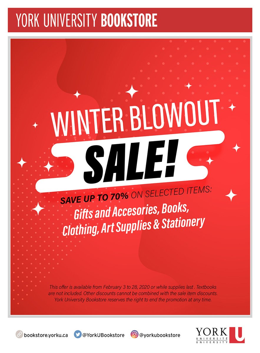 Bookstore Winter Blowout sale extended to March 30th. Save up to 70% on selected items! #yorku #YorkUBookstore