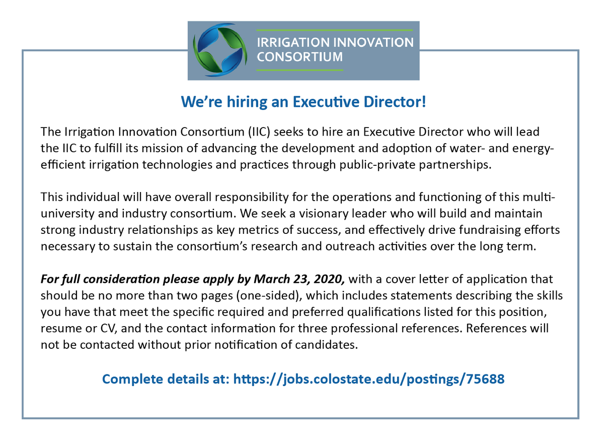 IrrigationIC's tweet photo. WE'RE HIRING! See complete details for the Executive Director job posting at: https://t.co/weT9YROWlB.
Applications are due in by 11:59 pm Mountain Time on March 23, 2020. Thank you for helping spread the word! https://t.co/pnUpt5gAWV