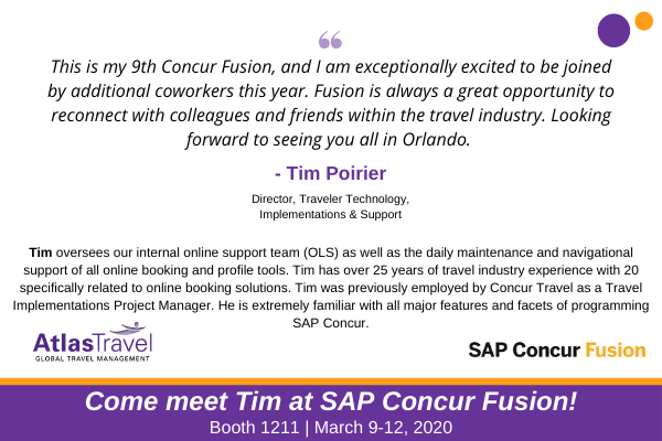 AtlasTravelTalk's tweet photo. Our team cannot wait to connect with everyone attending this year’s SAP Concur Fusion next week! If you’re attending the conference, be sure to stop by booth 1211! #SAPConcurFusion https://t.co/DSJ8XbXNVs