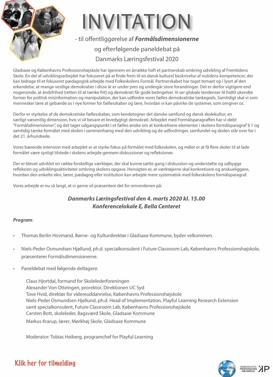 Haase (@haasekirsten) on Twitter photo Kom og vær med 🥁🥁🥁<a href="/gladsaxekommune/">Gladsaxe Kommune</a> Skoleområdet og <a href="/kbhprof/">Københavns Professionshøjskole</a> @FCLabdk offentliggør “Formålsdimensioner” på #DKLF #DanmarksLæringsfestival Paneldebat med: <a href="/ToveHvid/">Tove Hvid</a> @claushjortdal <a href="/AvonOettingen/">A von Oettingen</a> <a href="/NielsPeder/">Niels-Peder Hjøllund</a> <a href="/CarstenBott/">Carsten Bott</a> <a href="/MarkusKrarup/">Markus Krarup</a> Tilmelding ikke nødvendig Kom og vær med 🥁🥁🥁<a href="/gladsaxekommune/">Gladsaxe Kommune</a> Skoleområdet og <a href="/kbhprof/">Københavns Professionshøjskole</a> @FCLabdk offentliggør “Formålsdimensioner” på #DKLF #DanmarksLæringsfestival Paneldebat med: <a href="/ToveHvid/">Tove Hvid</a> @claushjortdal <a href="/AvonOettingen/">A von Oettingen</a> <a href="/NielsPeder/">Niels-Peder Hjøllund</a> <a href="/CarstenBott/">Carsten Bott</a> <a href="/MarkusKrarup/">Markus Krarup</a> Tilmelding ikke nødvendig