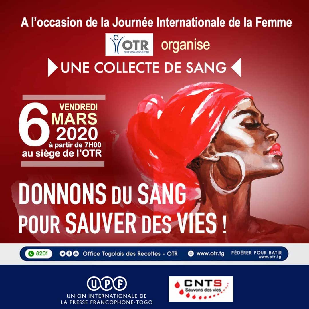 TogoUpf's tweet photo. L’#UPF  est très honorée d’être associée par @OtrTogo qui organise le 06 mars prochain, à son siège, en prélude au 8 mars #JournéeInternationaleDelaFemme, une opération de collecte de sang dénommée « Donnons du Sang pour sauver des vies!» Sortons nombreux, Donnons à l’humanité. https://t.co/3K0d9PTbkl