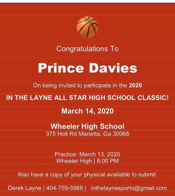 We couldn’t wait to announce the addition of @PrinceDavies17 to this years @inthelayneclas1 keep going Young fella we’re proud!! @lthompson4lt @Wheeler_High @pegillihan @SUVtv ✅✅🏀🏀🏆🏆💪🏾🎥 #March 14th!!!