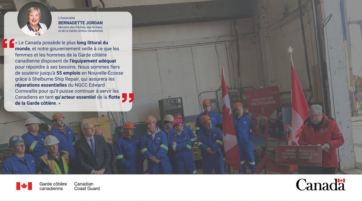 GardeCotiereCAN's tweet photo. La ministre Jordan annonce l’octroi d’un contrat à Shelburne Ship Repair, #NouvelleÉcosse, pour des travaux de prolongation de vie sur le NGCC Edward Cornwallis ce qui assurera la continuité de nos services offerts. https://t.co/CukchMsztA #StratégieNationaleDeConstructionNavale https://t.co/qqZwXQW5Y3