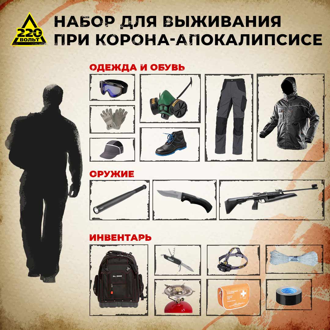 likevolt's tweet image. Коронавирус наступает, эпидемия уже добралась до Европы. А вдруг скоро апокалипсис? Что делать? ☣

Первым делом собери набор для выживания. С 220 Вольт ты будешь готов ко всему: bit.ly/38g8Kcn