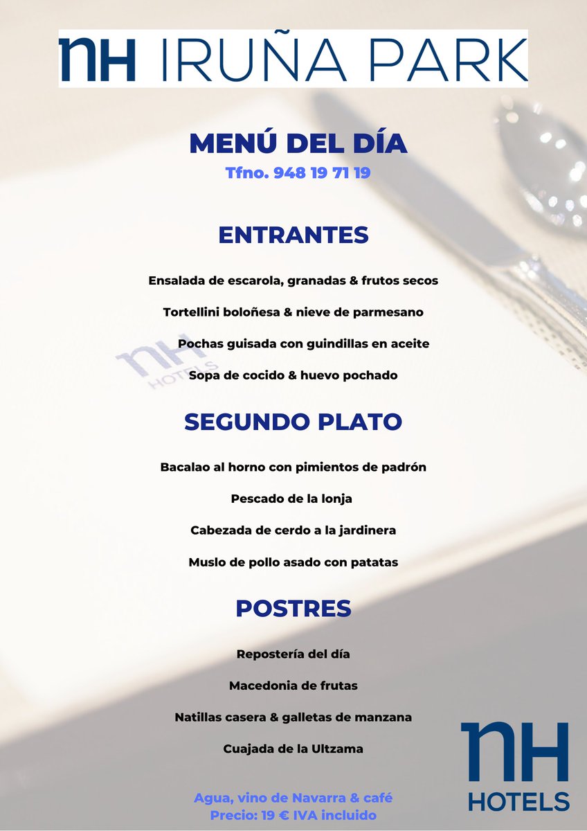 🚶🚶‍♀️🚶‍♂️¡Comenzamos el mes de marzo‼️ 😀

➡️ Y en las cocinas 👩‍🍳del Hotel <a href="/NH_IrunaPark/">Hotel NH Iruña Park</a> seguimos pensando en ti. Elaborando los platos que más te gustan. 🍽️ 

Sabes dónde estamos, ¿verdad? 😉

#MenuDelDia <a href="/nhhotelses/">NH Hotels España</a> @nhhotelgroup <a href="/NHHotels/">NH Hotels</a> @TurismoNavarra <a href="/VisitPamplona/">Pamplona - Iruña Turismo</a> 
I 💙 #nh