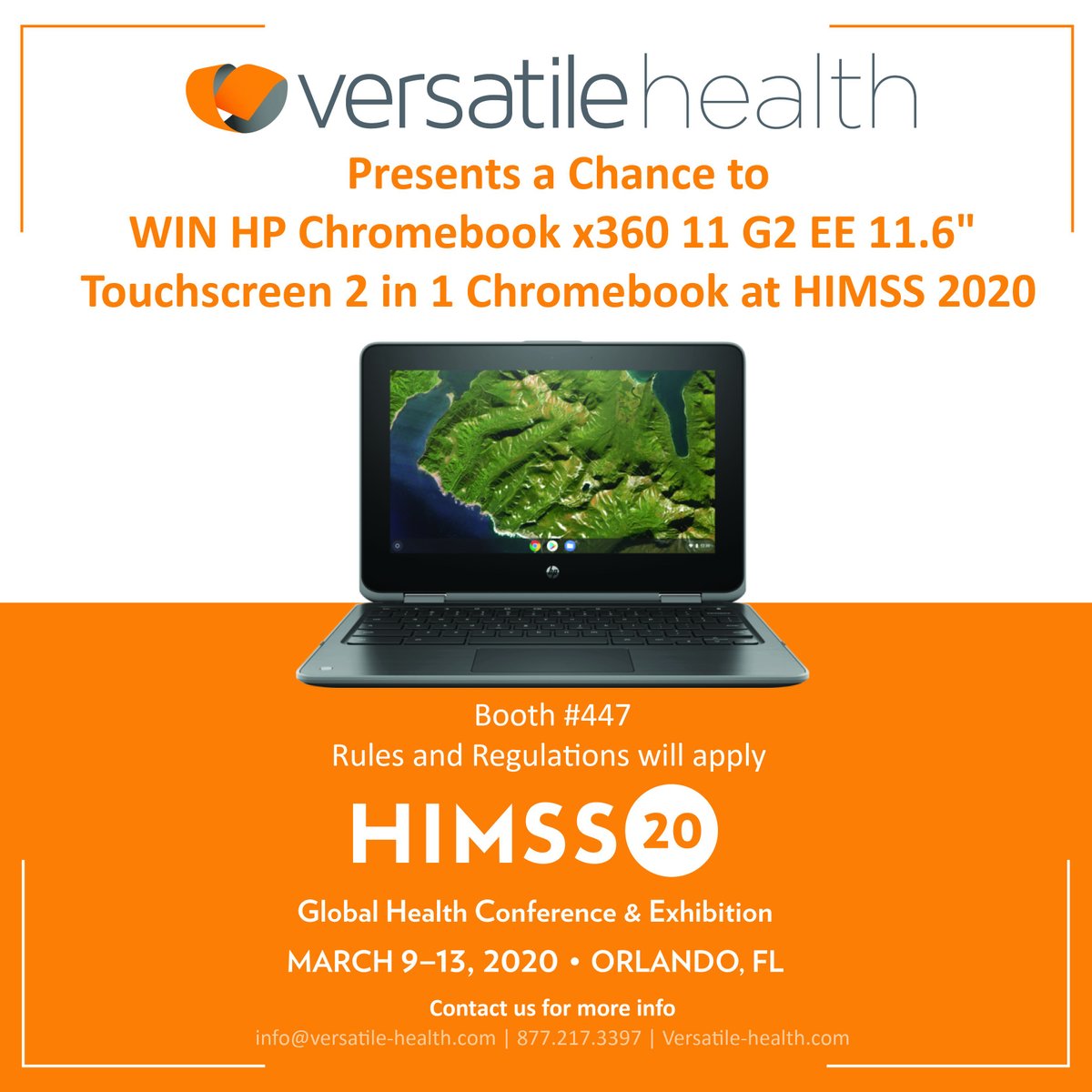 VersatileH_'s tweet photo. #VersatileHealth is excited to announce that we will be doing a #giveaway at our #HIMSS2020 booth #447. Stop by our booth to get a chance to #win a #hpchromebook .
We look forward to seeing you there! 
#hp #healthcare https://t.co/xStV13JzMD