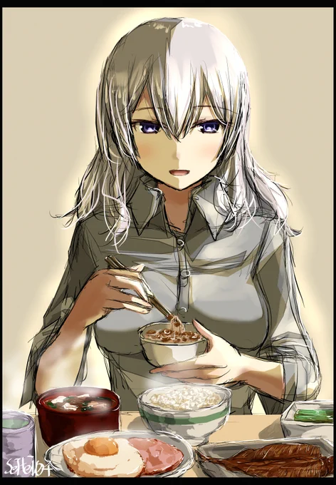 出勤前の髪を下ろした鹿島と朝御飯 
#艦これ版深夜の真剣お絵描き60分一本勝負 
#艦これ版真剣お絵描き60分一本勝負_20200302 
