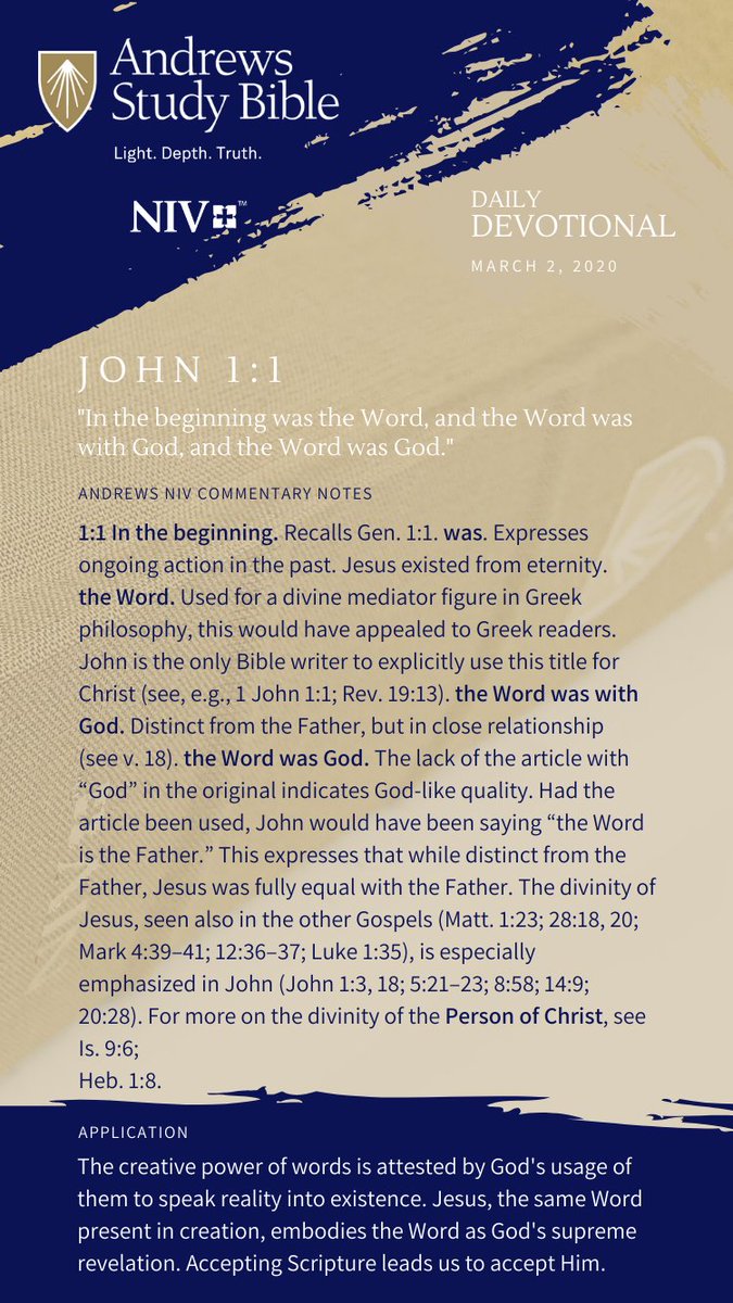 AndrewsBible's tweet photo. Monday devotional from John 1:1.
#MotivationMonday #devotional #GospelofJohn #andrewsstudybible #dailydevotional #niv #newinternationalversion #nivbible #bible #lightdepthtruth #andrewsuniversity #andrewsuniversitypress #adventist #adventistchurch #sda #sdachurch https://t.co/COg9v0YNfr