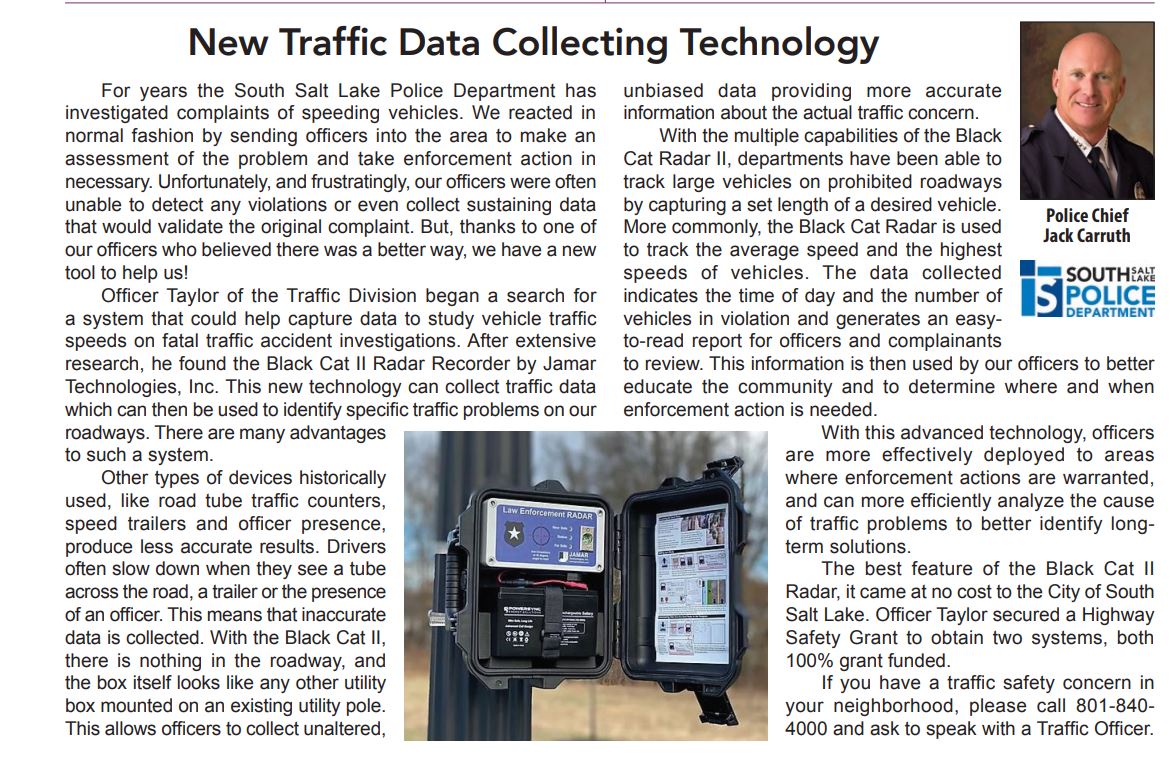 JAMARTech's tweet image. South Salt Lake PD is using JAMAR equipment with great success! Contact JAMAR today to get your own JAMAR RADAR: jamartech.com.
(South Salt Lake's full newsletter: southsaltlakecity.com/uploads/depart…)