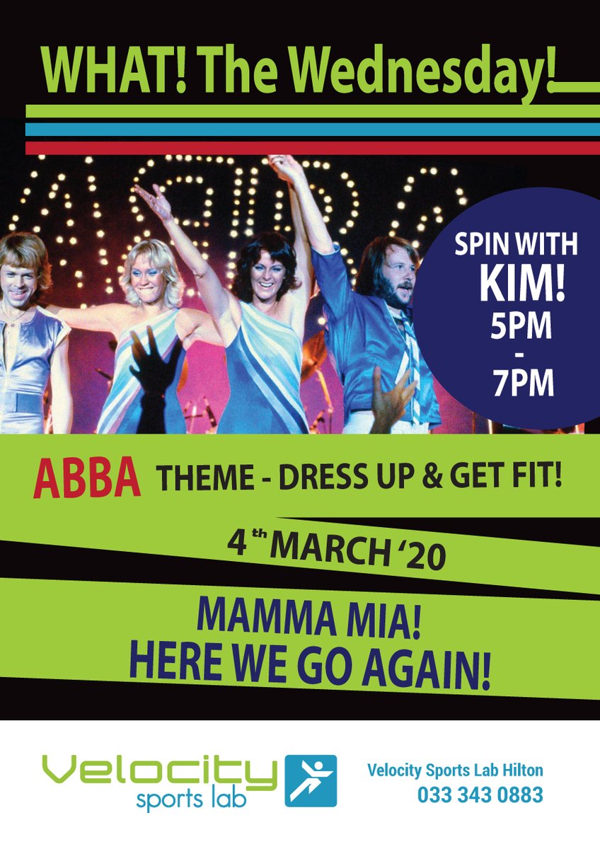 VSLHilton's tweet photo. MAMMA MIA! Here we go again! Join us this Wednesday from 5pm - 7pm for an awesome spinning session with Kim...with an ABBA theme! Hope to see you all there!

#velocitysportslab #hilton #VSLHilton #fitness #spinning #mammamia #abba #fitnessfun #exercise https://t.co/81zHohHxjm