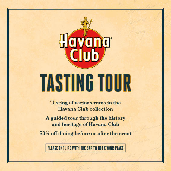 This Thursday from 6:30pm we are hosting a FREE rum tasting event! 
You will get to taste a few of the Havana rums then make a cocktail and learn the history about Havana. 
Drop us a message to book your space today! 

**limited spaces left**
