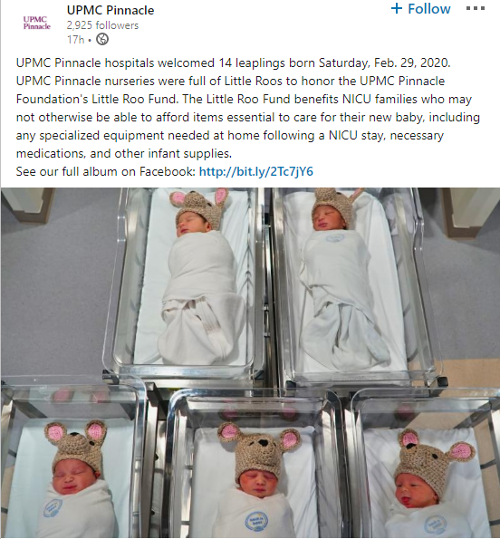 hrccredc's tweet photo. Sharing some good news on this Monday morning! Our member @UPMC_Pinnacle shared this post announcing 14 babies born on Leap Day! The leaplings are dressed up as little roo's to honor the UPMC Pinnacle Foundation's Little Roo Fund. #VisionaryMembers https://t.co/cgltKrHYBL