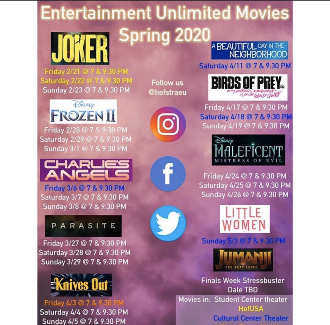 HofstraEU's tweet photo. Here’s the movie schedule for this semester!! All movies are free to watch!! https://t.co/oZJGAIjTou