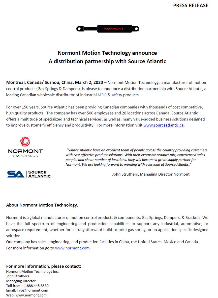 NormontMT's tweet image. Normont Motion Technology announces supply partnership with Source Atlantic... #pressrelease @SourceAtlantic #sourceatlantic #partnership #teamwork #gassprings #industrial #supply #engineering #design #newproducts #canada