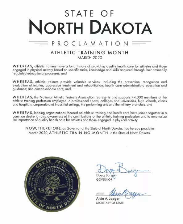 NoDakATA's tweet photo. Official Proclaimation by Gov. @DougBurgum 

#NATM2020 #NorthDakota 
#AthleticTraining https://t.co/TYAMDBuGjN