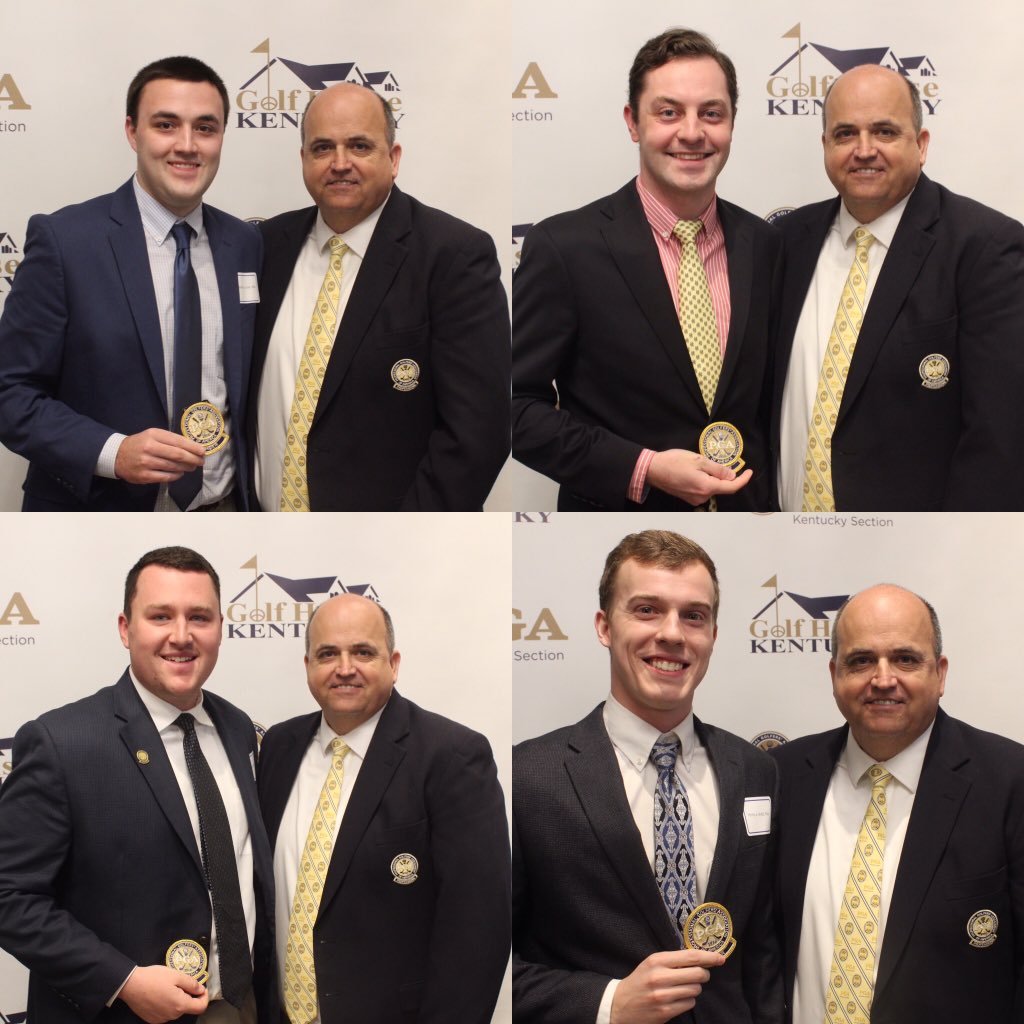 GolfHouseKY's tweet photo. We’re happy to have four new @pga Members at our Meeting along with three quarter-century Members. 

Congrats to newcomers Josh Luster, Quinn Ourada, Colin Smith, and Phillip Webb! 

And a thunderous congrats to Suzanne Bannan, Bruce Oldendick and Chuck Breitenbach on 25 years! https://t.co/HjIR4TyE66