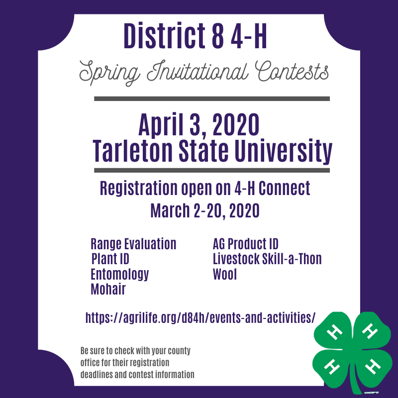 Registration for the District 8 4-H Spring Invitational contests is now live!

Be sure to check with your County Extension Office for their contest dates &amp; registration deadlines.

#4HContests
#growtrueleaders
