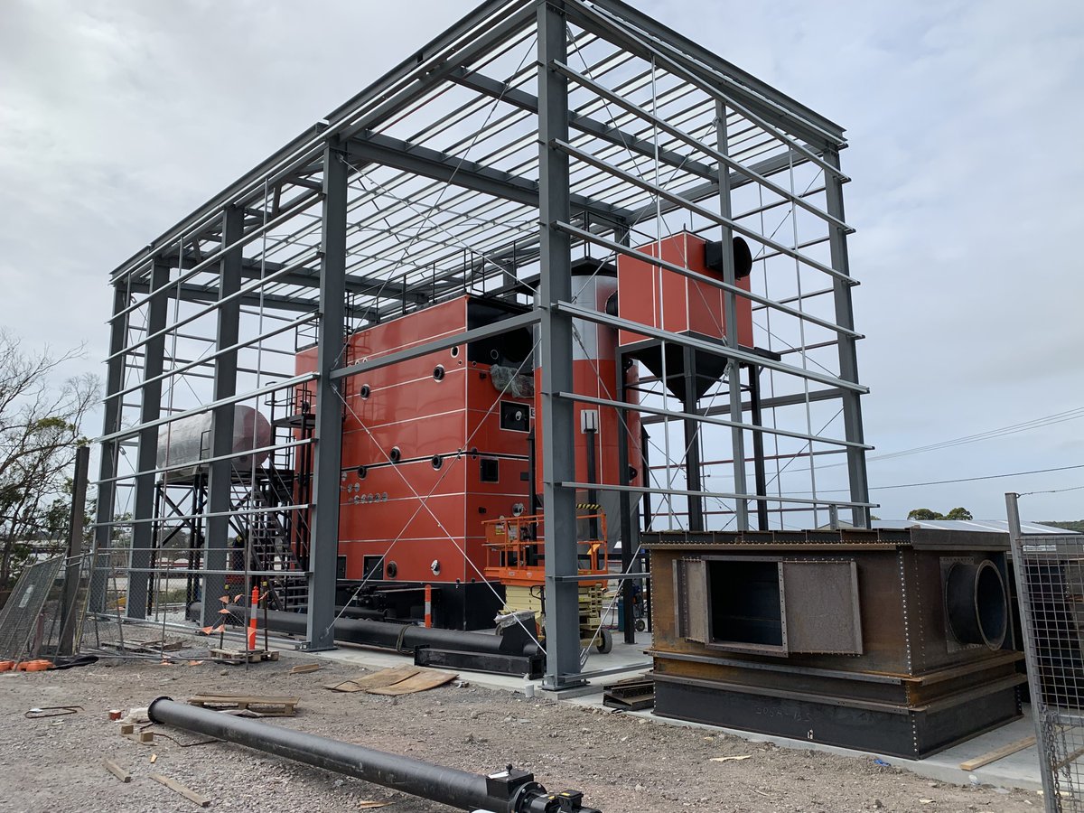 JustsenEnergi's tweet image. Installation of 10 MW 12 bar(g) wood chips fired steam boiler at the Greenham Meats abattoir in Smithton, Tasmania (Australia). Turnkey delivery from Justsen (Denmark). Civil works done locally.
#biomass #justsen #boiler #danishdesign