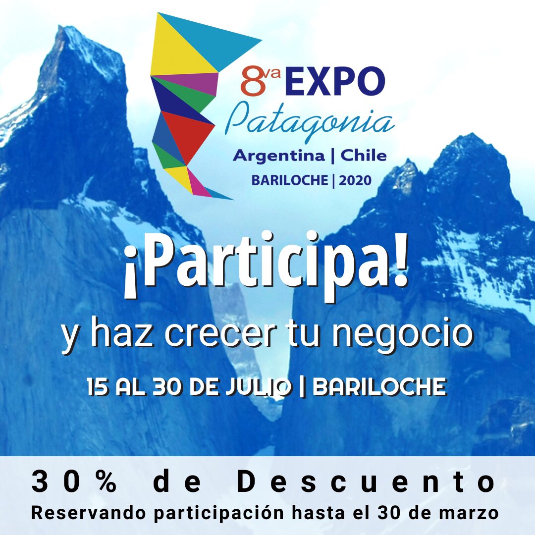 Invitamos a Municipios, Destinos, Sernatur regionales y prestadores de servicios turísticos de 🇦🇷 y 🇨🇱 a participar en la 8va. versión de Expo Patagonia a realizarse en la ciudad de Bariloche del 15 al 30 de julio.
Inscríbete hasta el 30 de marzo y obtén un ✅✅ 30% de descto.