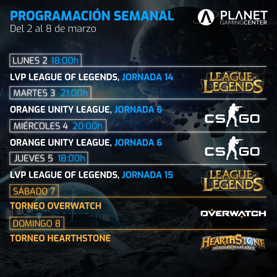 Planetgamingce's tweet photo. ¡Aquí tenéis la programación semanal en @planetgamingce!

¿Preparados para otra semana de torneos, retransmisiones y mucha diversión? ¡Te esperamos!

➡ https://t.co/2lZHykiY8X
📍 C/ Doctor Fleming, 3, #Elche https://t.co/wPwilF9jG2