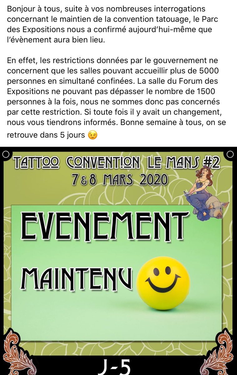 convtattooLM's tweet photo. Hello
La convention de ce week-end est MAINTENUE ! On se voit dès samedi 12h 🙂
#tattooconvlemans #lemans #tattoo #sarthe #areyouready https://t.co/AGs8qAUJWf