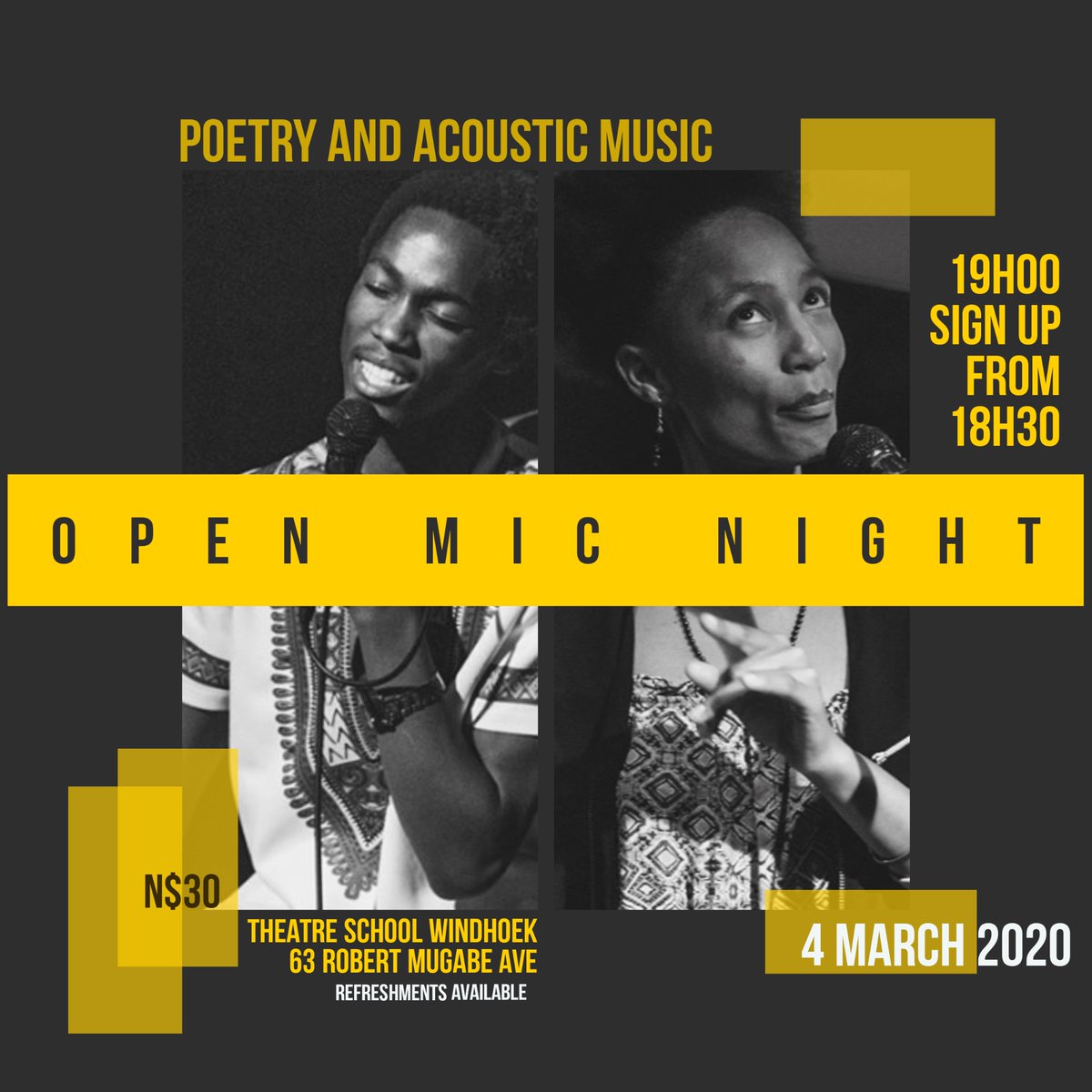 This Wednesday the 4th of March, your go-to stage for creative expression returns to Theatre School Whk 🔥OPEN MIC NIGHT😍
💫 We are excited to be joining forces with you in creating an atmosphere for art! All poetry is welcome🎤
(Refreshments available)

SHARE SHARE SHARE ❤️
