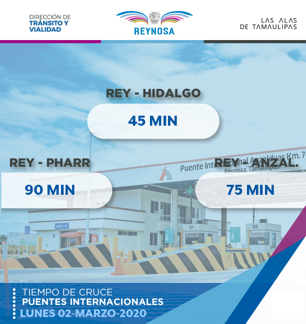 TransitoReynosa's tweet photo. TIEMPOS DE CRUCE EN LOS DIFERENTES PUENTES INTERNACIONALES DE REYNOSA. (08:38 a.m.) https://t.co/VFzF481t1c