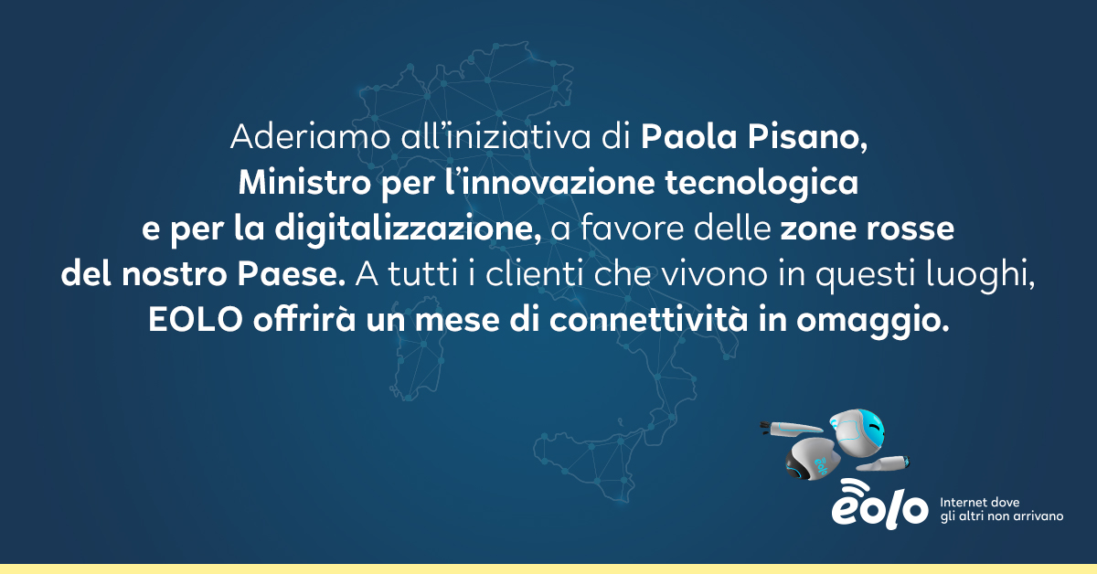 eolo_it's tweet photo. EOLO si schiera al fianco delle persone delle zone rosse colpite dal #CoronaVirus. 
Per tutti i nostri clienti di queste zone, EOLO offrirà un mese gratuito di connettività. https://t.co/KEH9bkz5se