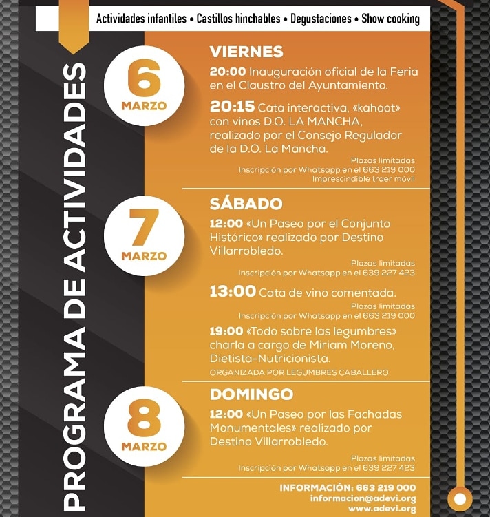 Ya puedes apuntarte a las actividades de la VI Feria Agroalimentaria y Turística de Villarrobledo y Comarca.

Teléfono de contacto:663219000