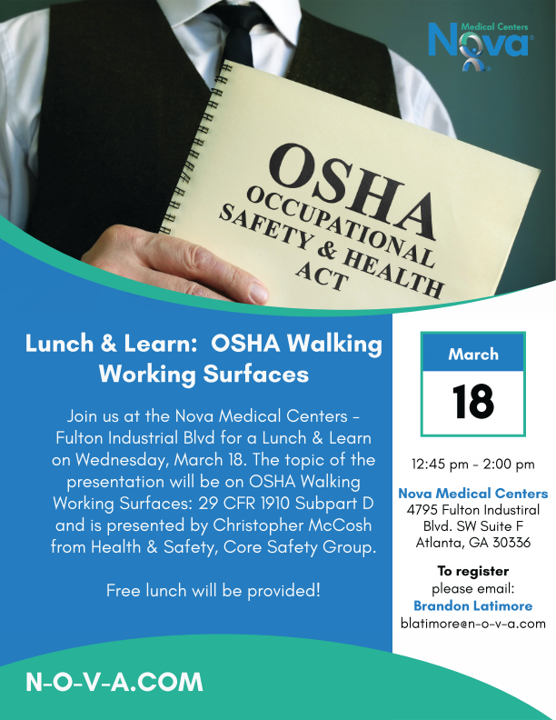 CORESafetyGroup's tweet photo. CORE Safety Manager, Christopher McCosh, will be presenting on OSHA Walking Working Surfaces during a Lunch &amp; Learn presented by Nova Medical Centers. See the attached flyer for additional information and how to register! https://t.co/05FVvngwR5
